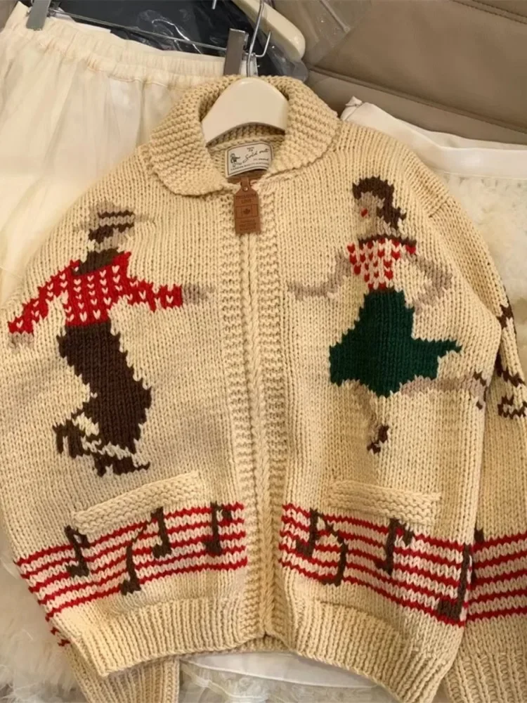 Корейский винтажный жаккардовый свитер Korobov вязаный кардиган контрастных цветов