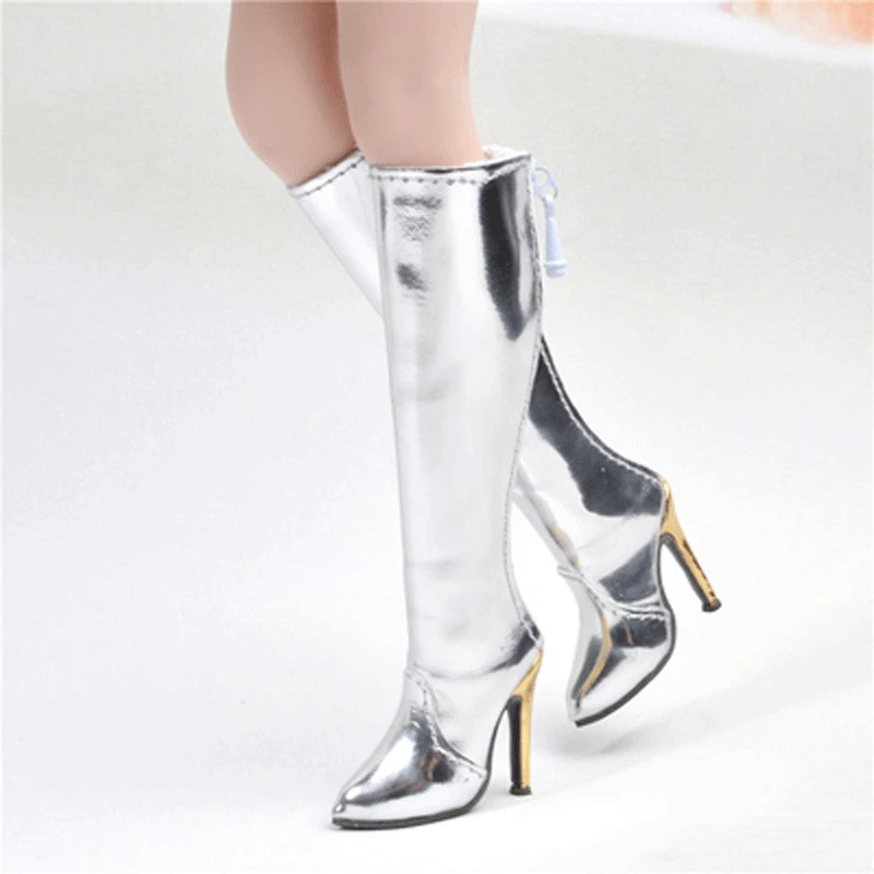 

1/6 женские серебряные блестящие фотоботинки на высоком каблуке для куклы 12 дюймов