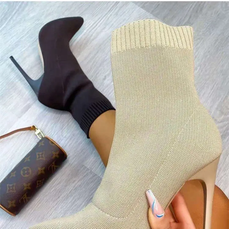 

2022 Autumn Luxury Women Beige Sock Boots Exotic Dancer High Heels Stiletto Boots Winter Fashion Stretch Fabric Boots Plus Size