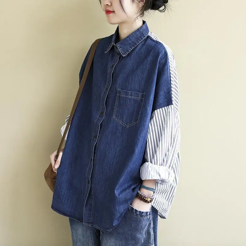 

Fashion Long Sleeve Shirt Women 2023 Spring and Autumn New Polo Collar Denim Stripe Versatile Polo Shirt Women