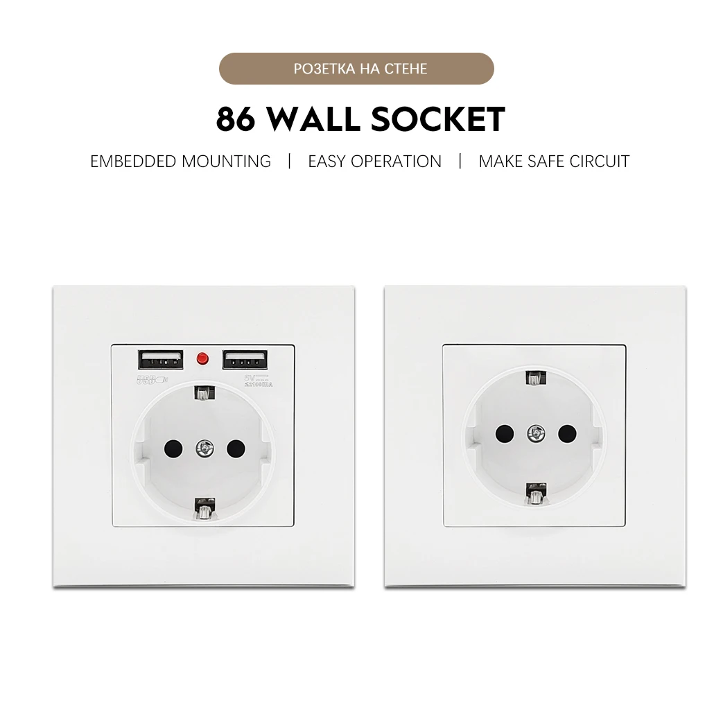 

EU Power Socket PC Panel With USB For Home Dual USB plug French 86*86mm Usb Wall Socket Smart LED ON/OFF 16A outlet 220v korea