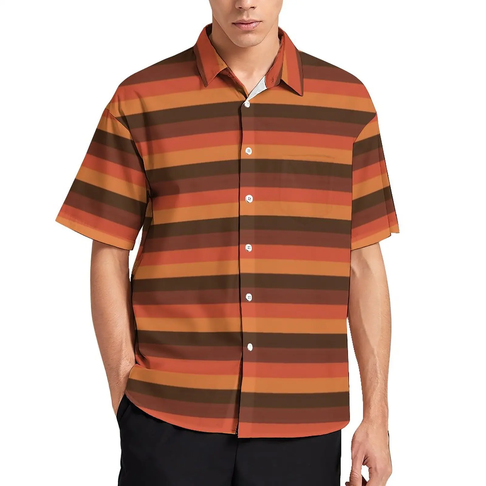 

Крутая пляжная рубашка в стиле ретро 70-х с принтом, коричневые оранжевые полосатые Гавайские повседневные рубашки, мужские блузки Y2K с корот...