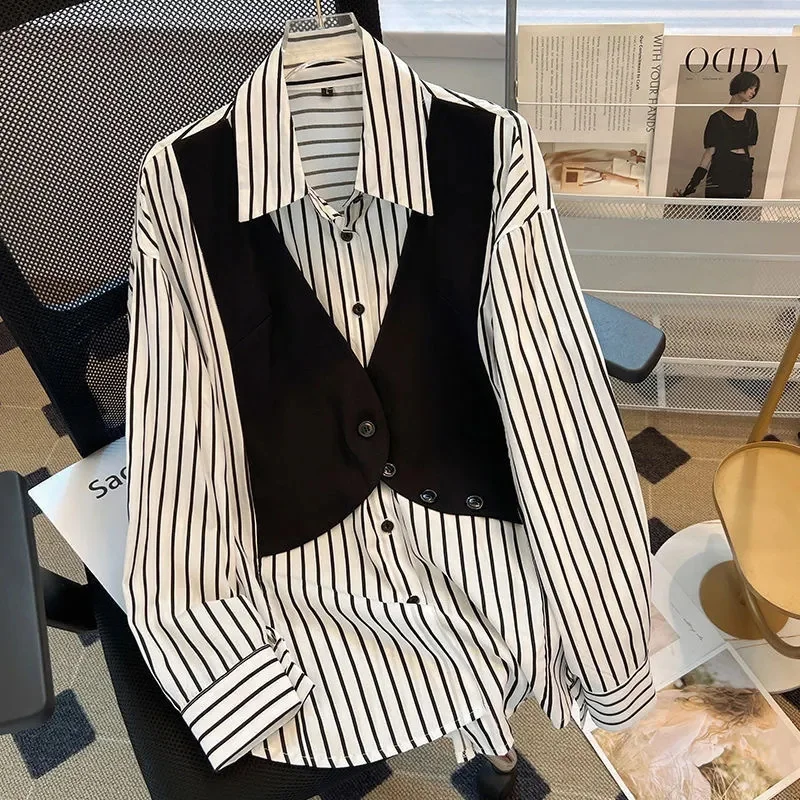 Осенняя женская модная полосатая рубашка свободная искусственная двойка