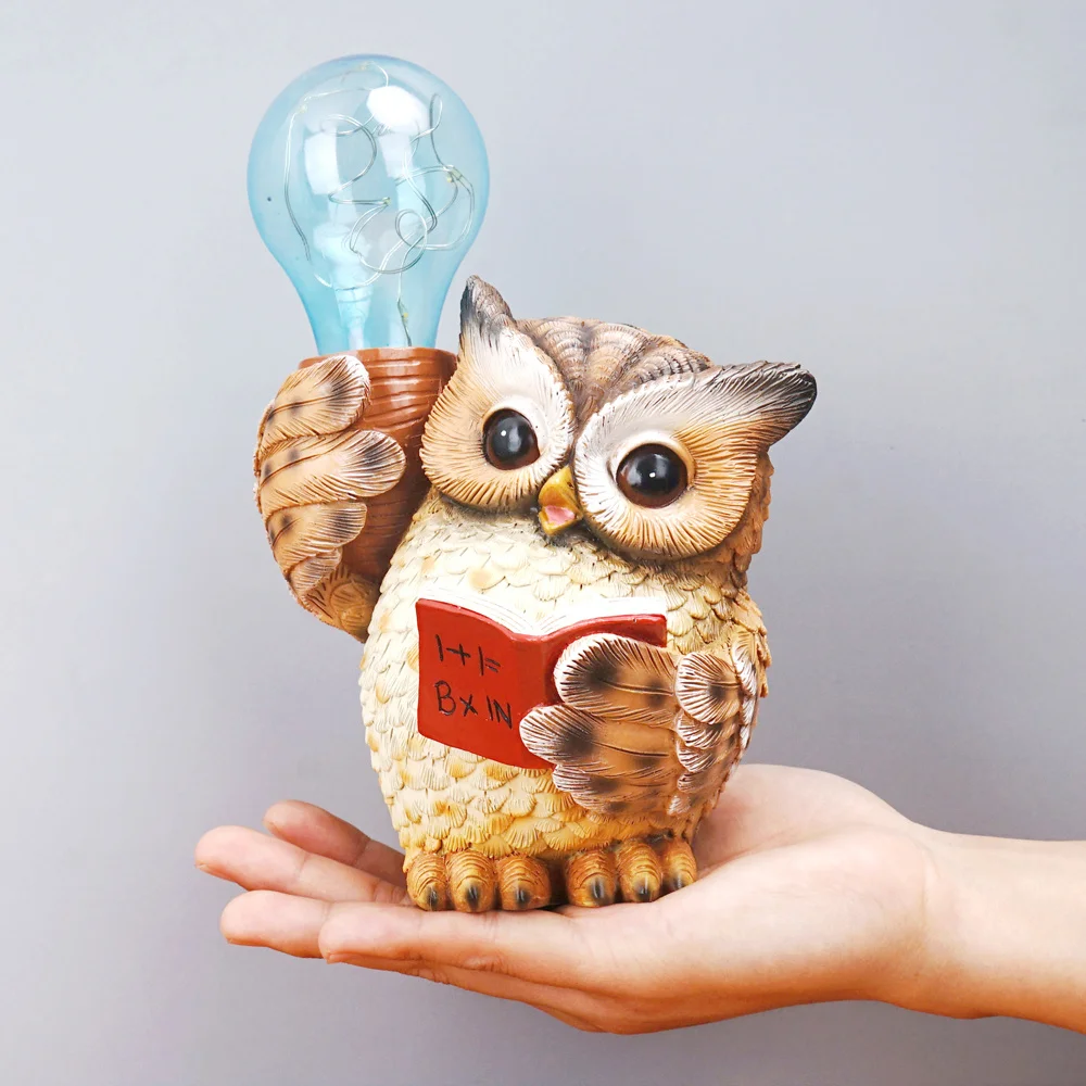 

Reading Resin Owl Figurines Salor Light LED Lamp Animal Statue Home Garden Courtyard Branches Decoration Acccessories