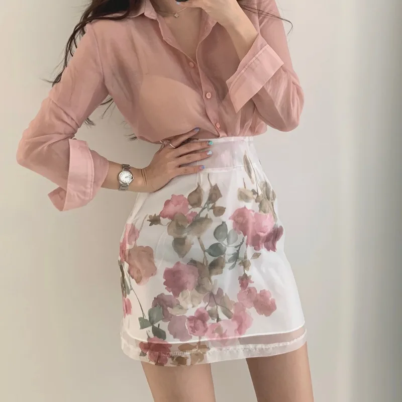 

Elegant Chic Korean Thin Lapel See Through Long Sleeve Shirt Black Tops +A Line High Waist Floral Skirts Mini Retro Fashion Sets
