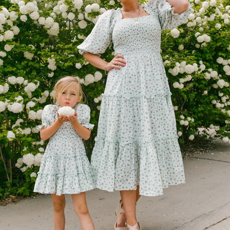 

New 2022 Half Lantern Sleeve Mother Kids Matching Dress Casual Loose Long Maxi Dress for Women Mommy and Me Clothes Party Wear