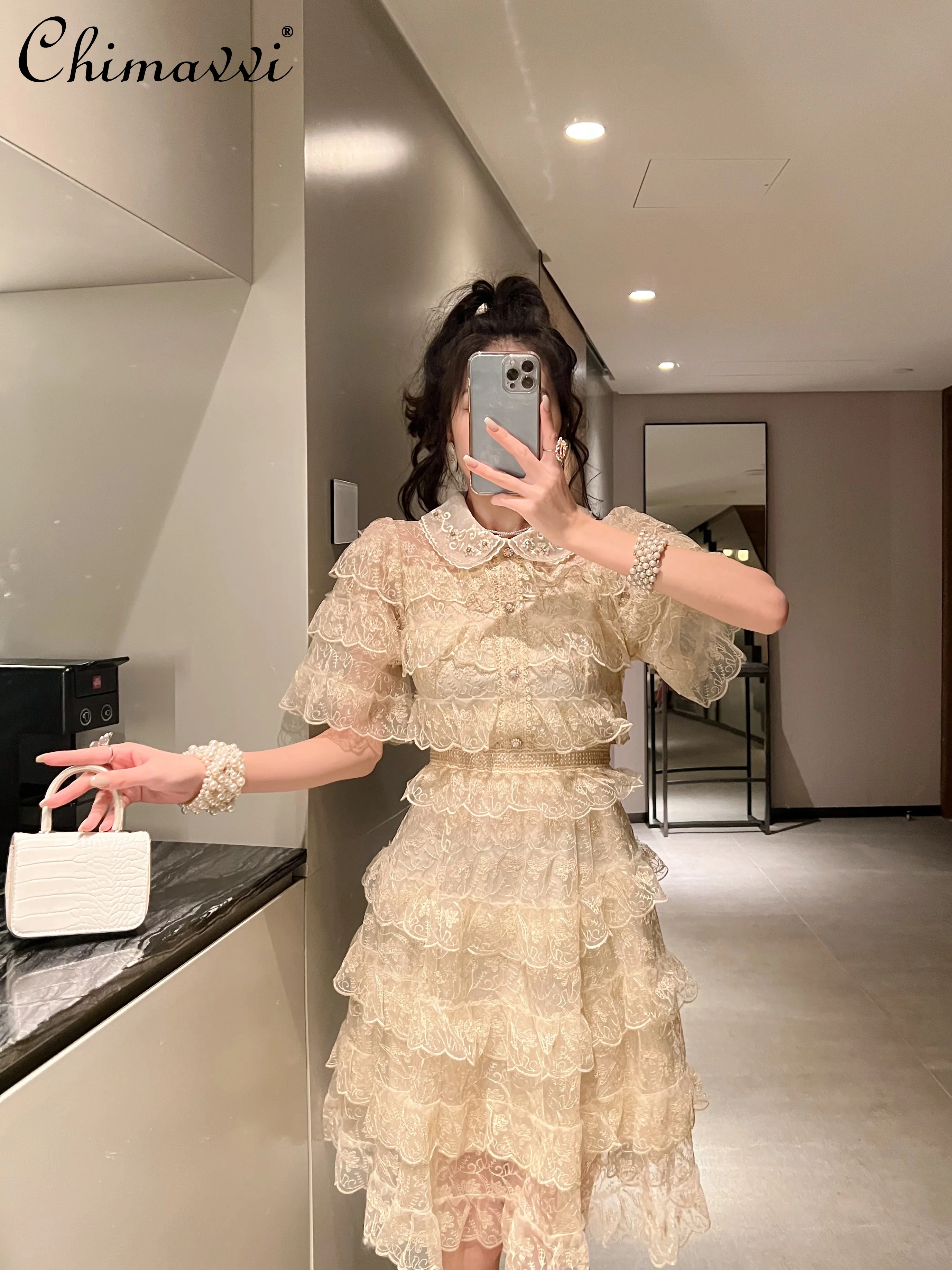 

2022 Summer Dresses New Fashion Sweet Ruffled Stitching Lace Dress for Women High Waist Slimming Temperament Cake Dress