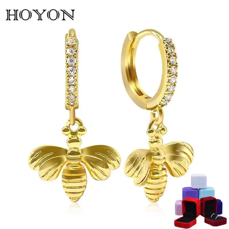 

HOYON Retro Light Luxury Brass 18K Color Insect Bee Earrings for Women Party Jewelry with Micro-Inlaid Zircon feather earrings