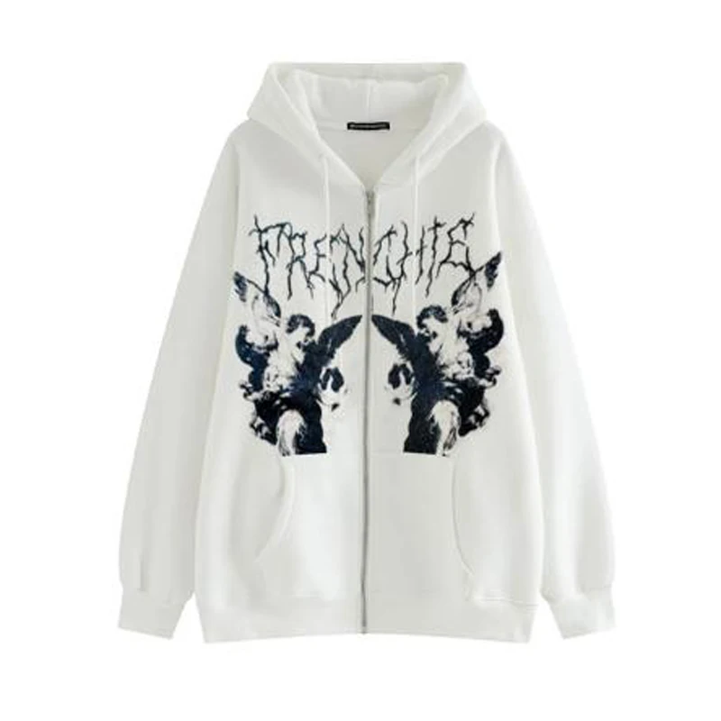 Women Vintage Angel Print Hoodies Autumn Winter Zip Up Long Sleeve Pocket Loose Sweatshirt Y2K Female Fashion Gothic Streetwear |
