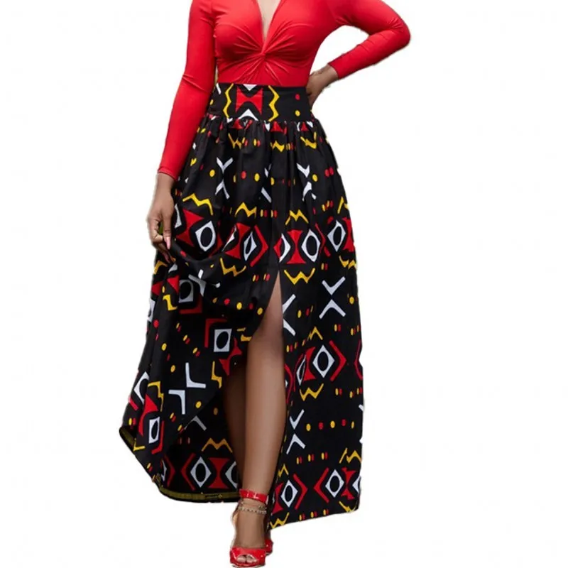 

Женская юбка с разрезом и принтом, летняя винтажная трапециевидная юбка с завышенной талией в Африканском этническом стиле