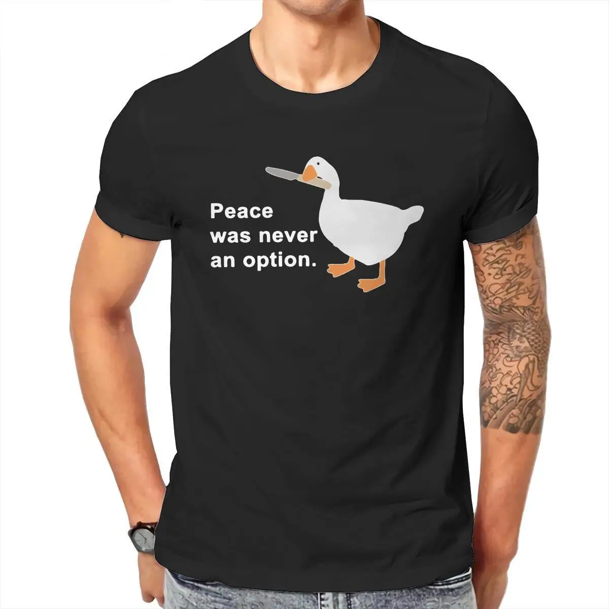Peace Was Never an Option  T Shirts for Men Pure Cotton Casual T-Shirt Funny Untitled Goose Game Tee Shirt Clothing Plus Size