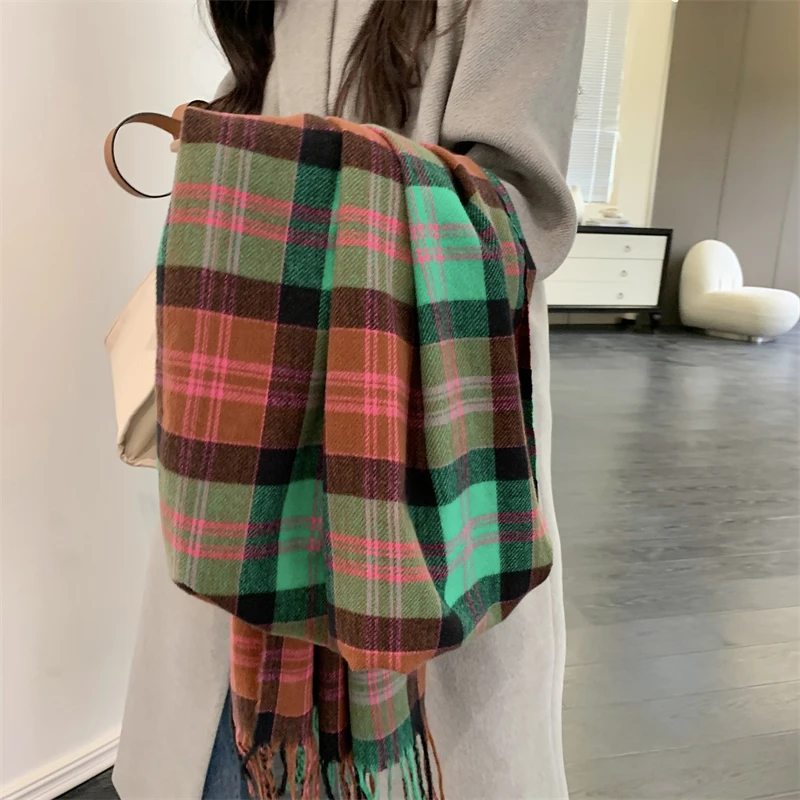 

2023 Thick Pashmina Plaid Scarf for Women Winter Warm Shawl Wrap Fashion Cashmere Tassels Blanket Neckerchief Poncho Stoles