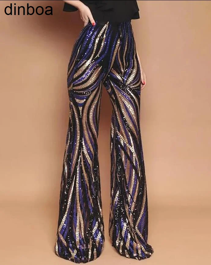 

Pants Fashion for Women 2022glitter High Waist Bell-bottomed Colorblock Striped Sequins Pants Y2k Casual Trousers Europe America