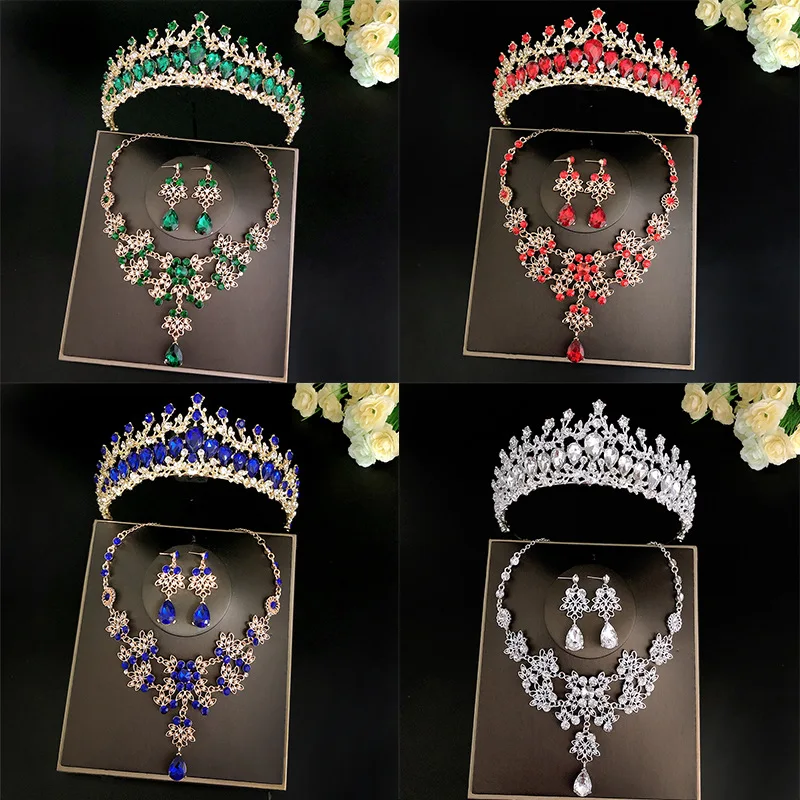 

Luxury Fashion Gold Silver Color Crystal Rhinestone Tiaras And Crown Necklace Earring Set Wedding Hair Accessories Women Jewelry