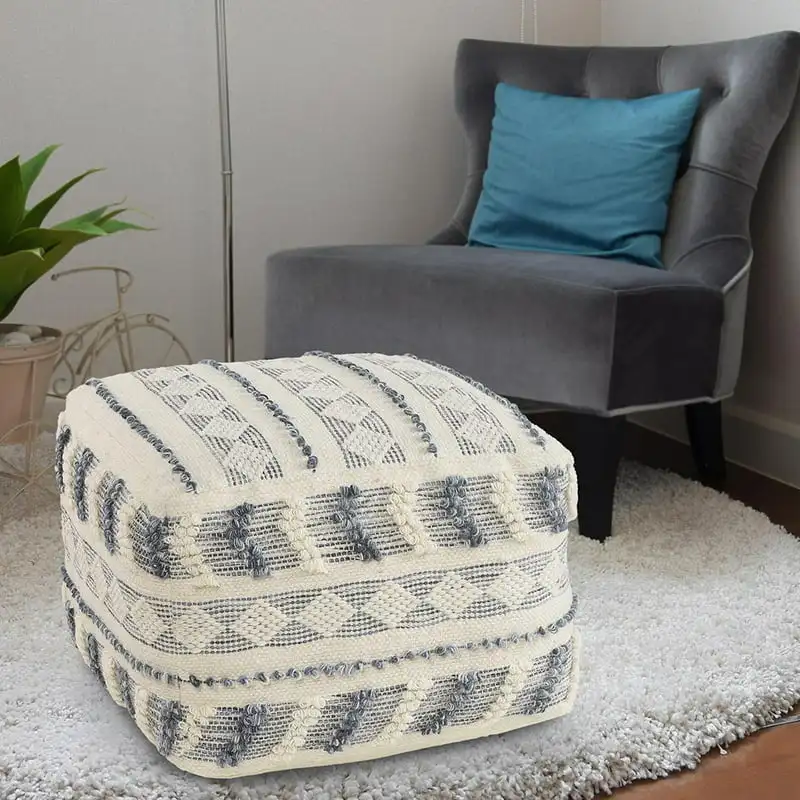 

Blue and Cream Striped Hand-Woven Wool Ottoman Pouf