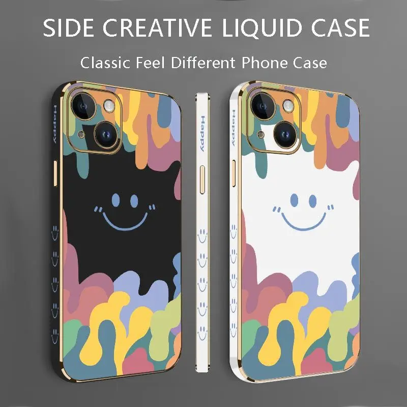 Watercolor Smiley Face Luxury Plating Phone Case For iPhone 14 13 12 11 Plus Pro Max Mini X XR XS SE2020 8 7 6 6S Plus Cover