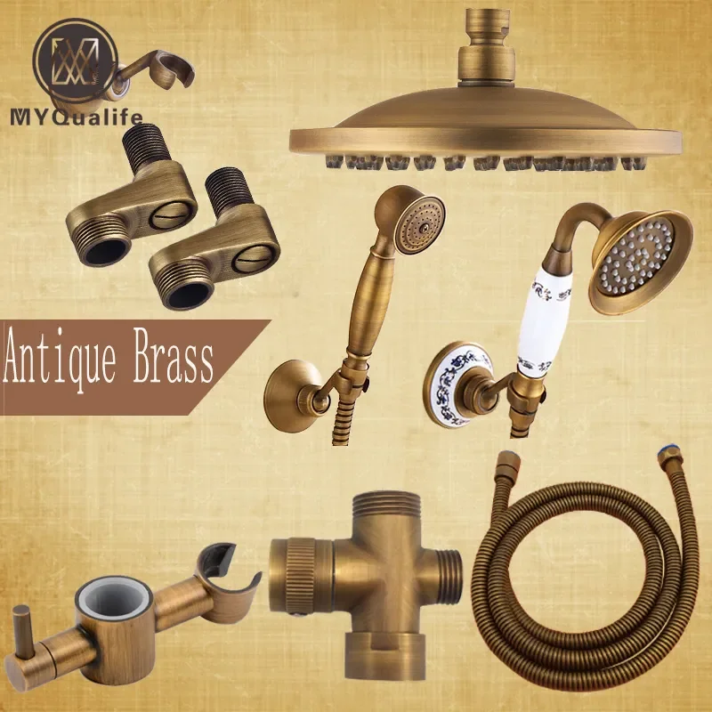 

NEW2023 Antique Brass Bathroom Shower Faucet Accessory 8" Rain Shower /Hand Shower/150cm Hose/Angle Valve/Bracket