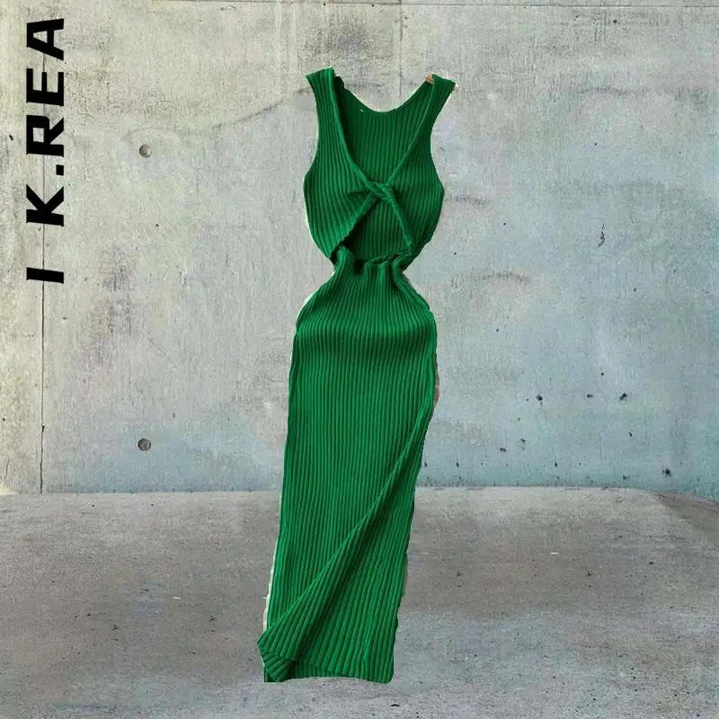 I K.Rea Женские модные платья однотонные Женственные на середину икры Клубная темпераментная роба Эластичные дешевые женские вестидосы.