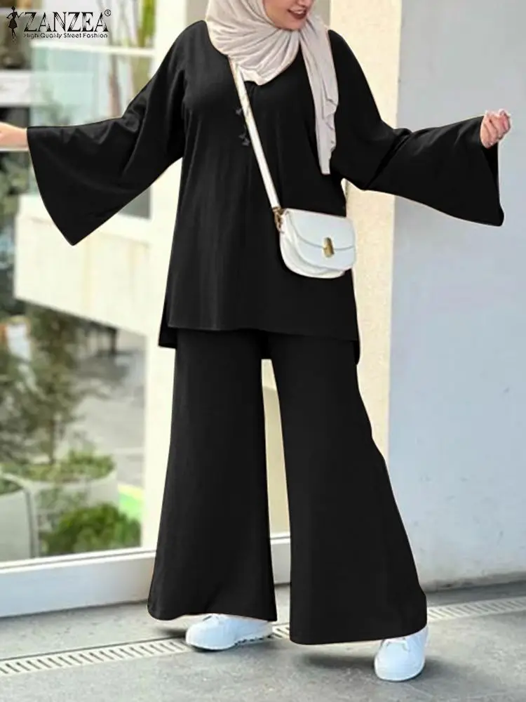 

2PCS Casual Solid Ramadan Turkey Abaya Sets 2023 ZANZEA Muslim Elegant Flare Sleeve Blouse Wide Leg Pant Sets Women Autumn Suits