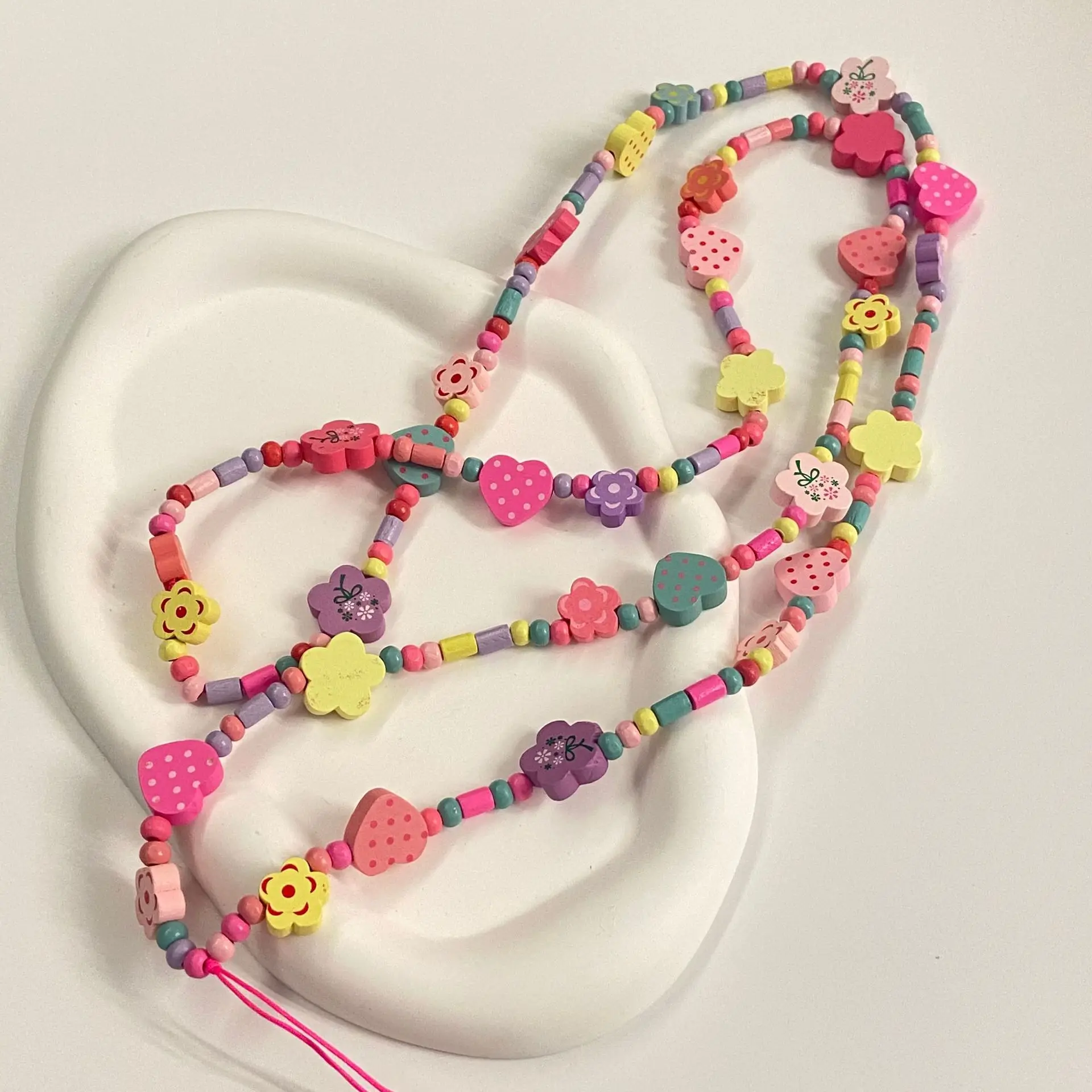 

Long Wooden Mobile Phone Chain Flowers Beaded Mobile Phone Accessories Necklace