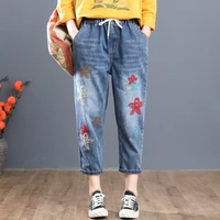 korean fashion embroidered jeans womens 2022 summer vintage loose high waist harem capris female calf length baggy denim pants
