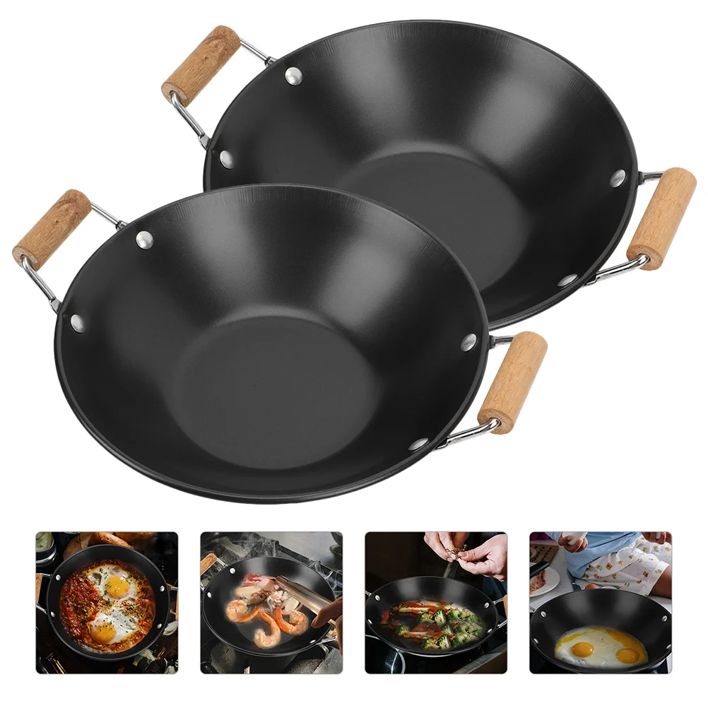 

2 Pcs Stainless Steel Griddle Stainless Steel Saucepan Saute Cooking Pan Anti-spill Woks Metal Wok Deep Fry Pan Individual