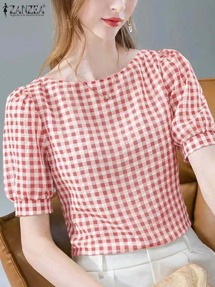 

Elegant Plaid Checked Blouse 2023 ZANZEA Summer Women O Neck Short Sleeve Shirt Fashion Party Blusas Chemise Office Work Tops