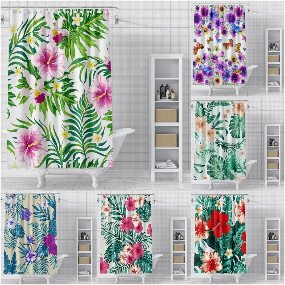 

Cortinas de ducha de flores de colores para baño, tela impermeable, Floral, con ganchos, para puerta de inodoro