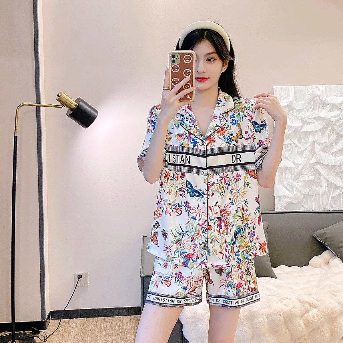 Атласные пижамные комплекты с цветочным принтом животных шорты штаны женская