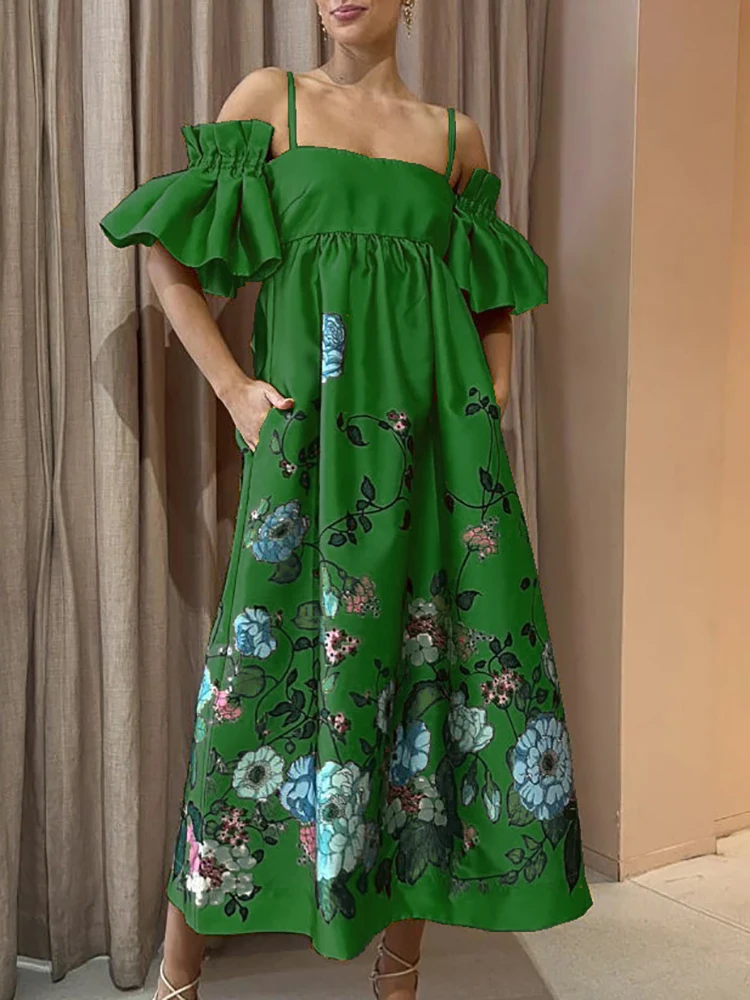 

Женское летнее платье-макси с вырезом лодочкой и карманами