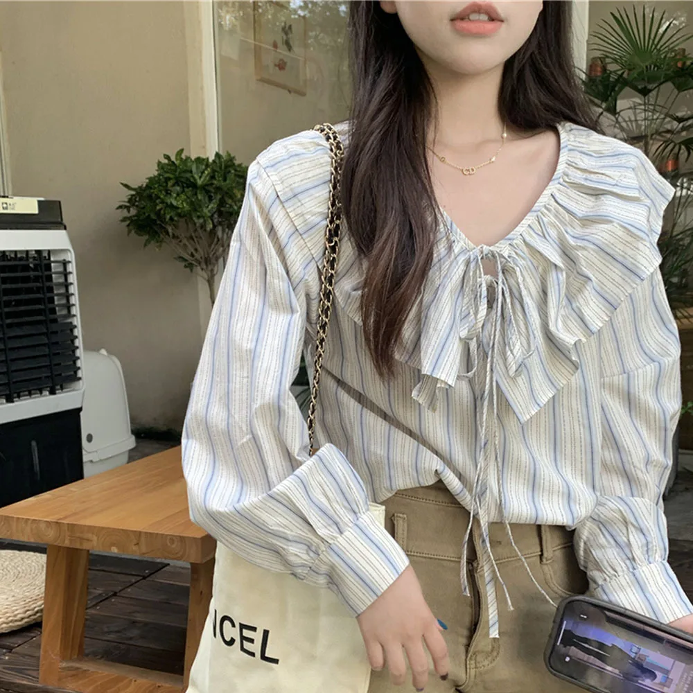 Осенняя полоска с кукольным воротником женские стильные милые топы в японском
