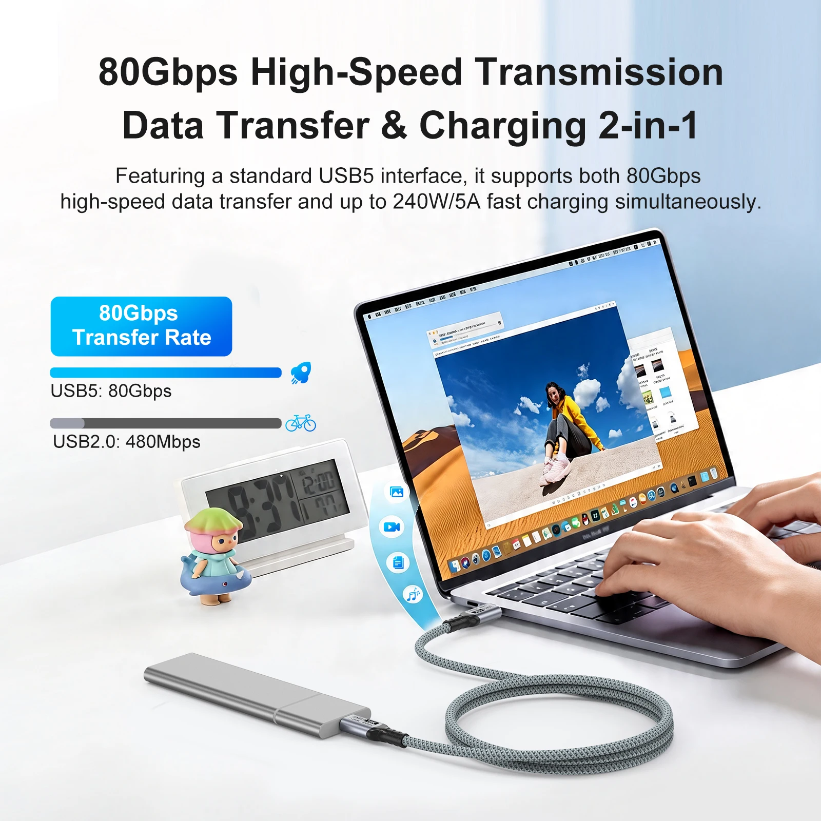 Фото Кабель USB Type-C Thunderbolt 5 PD240W для быстрой зарядки, передача данных 80 Гбит/с, видео 16K/8K, 1м, 2м, 3м для iPhone 16, 17, Macbook Pro №3