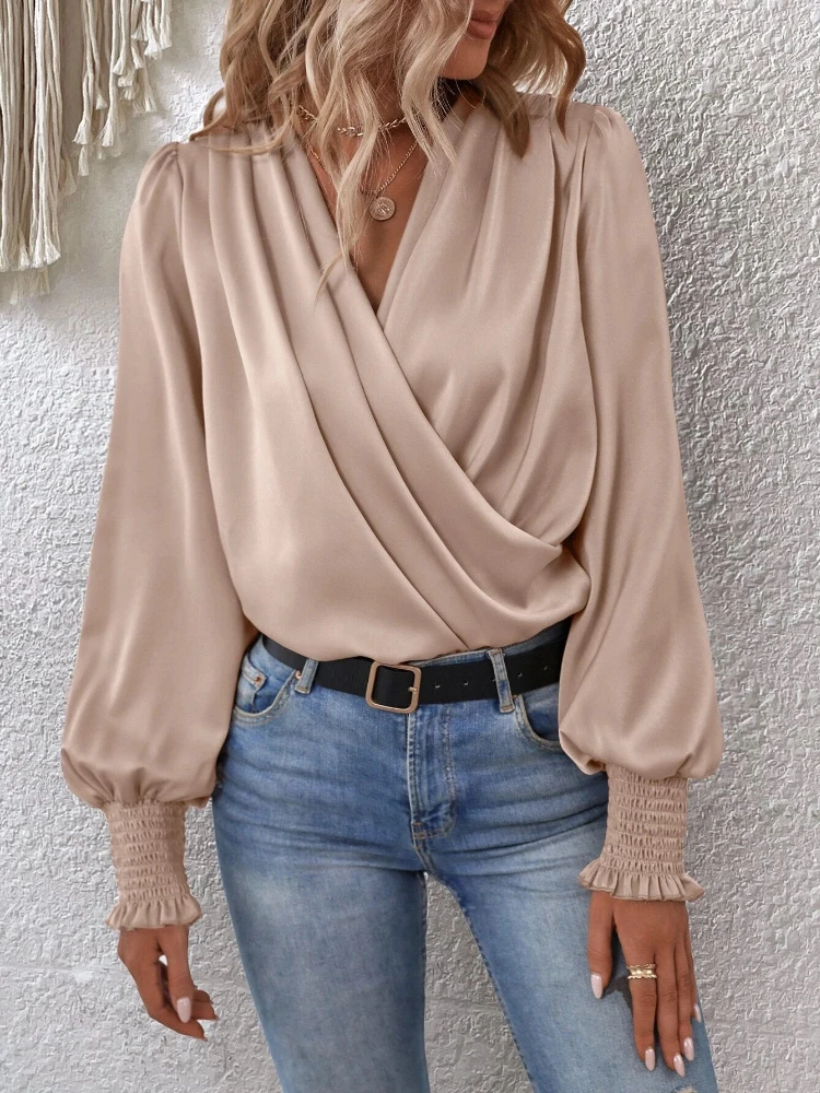 

2023 Women's Long Sleeve Top Elegant Women's V-neck Lantern Sleeves Fashion Commuter Women's Solid Color Shirt Blouse Women