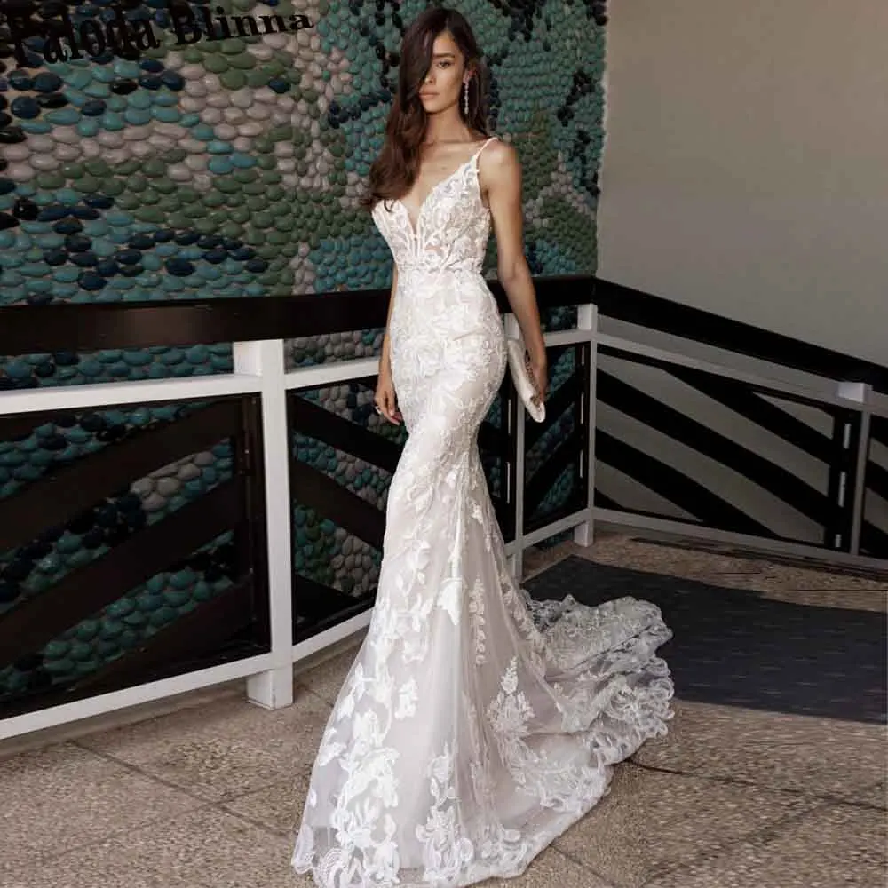 

Paloda Exquisite Appliques Mermaid Wedding Dresses For Bride V-Neck Spaghetti Straps Court Train Sleeveless Tulle Robe De Mariée