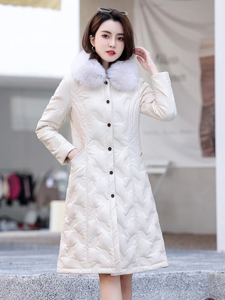 New Women Long Leather Down Coat Autumn Winter Casual Fashion Real Fur Collar Slim Sheepskin Down Coat Thicken Warm Outerwear