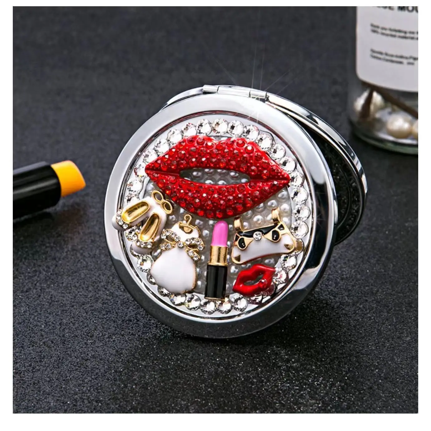 

2022 Brand lipstick perfume bottle Mini vanity mirror portable double fold magnifying Mini vanity mirror