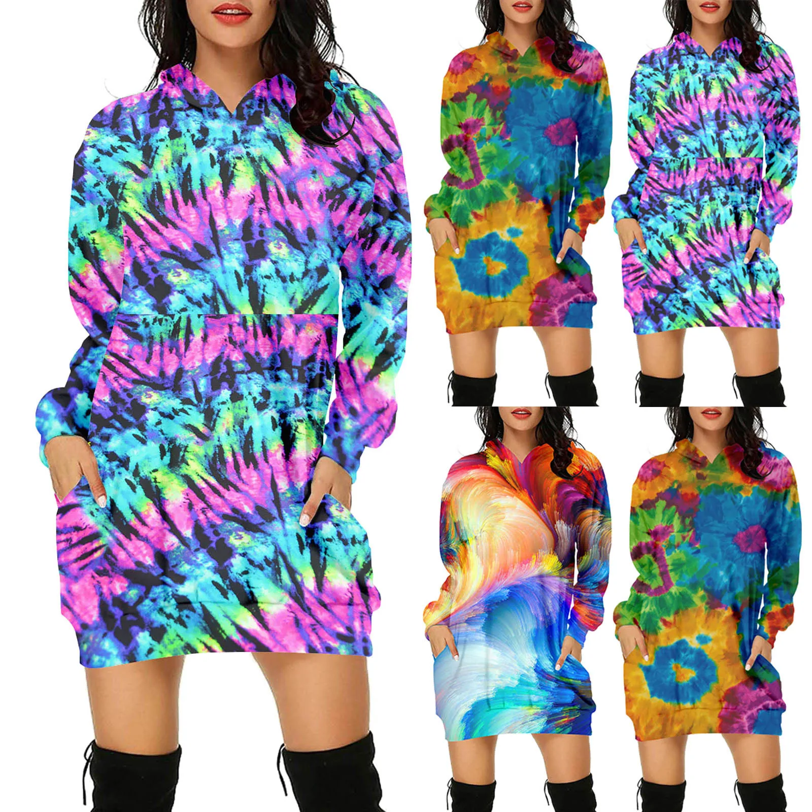 

Women Casual Colorful Gradient Tie Dye Print Long Hooded Sweatshirt Womens Zippe Tunic Hoodies