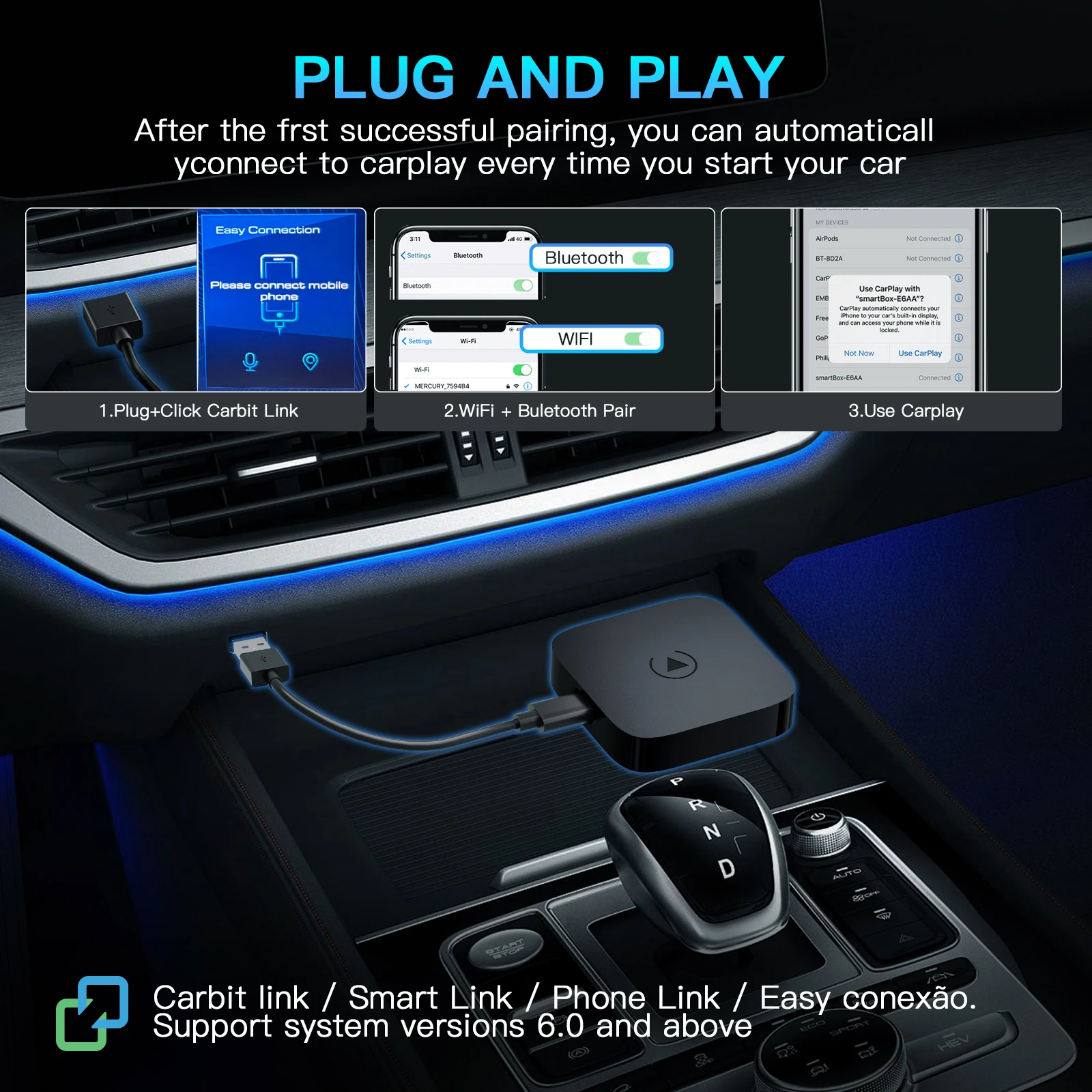 Фото Jetour X70 X90 X95 Dashing Проводной carbitlink Phonelink EasyConnection to Wireless carplay smart box Android автоадаптер автомобильное воспроизведение №3