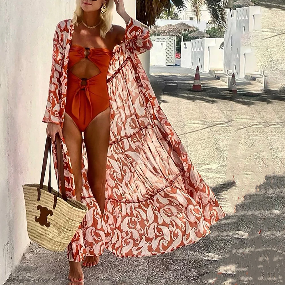 

Solid Orange Women's One Piece Hollow Out BIkini Chic Drawstring Sleeveless Swimsuit Ankle-Length Summer Outfits High Waist Wear