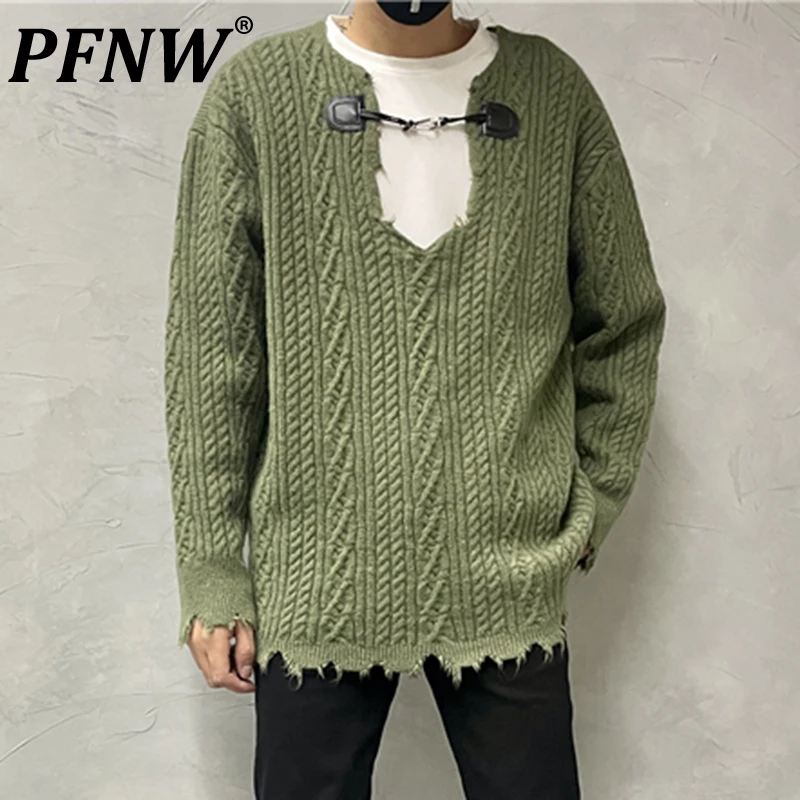 

PFNW Spring Autumn Men's Vintage Fleece Personalized Pullover Sweater Silhouette Knitwear Trendy Asymmetric Length Tops 12A7856