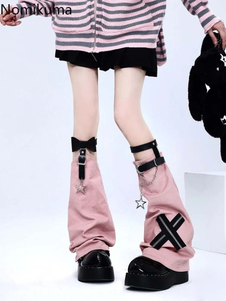 2024 кожаные гетры Harajuku Y2k с бантом черные белые розовые серые носки пряжкой в