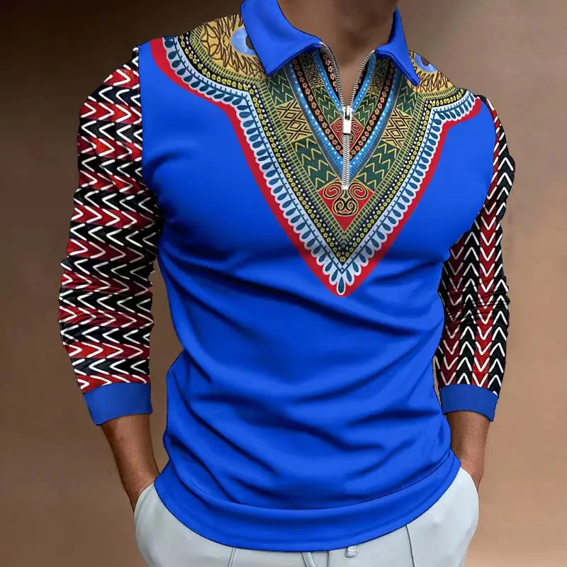 

African Printed Polo Shirts for Men Casual Social Business Male Polos Long Sleeve T-shirts Polo Men's Clothing