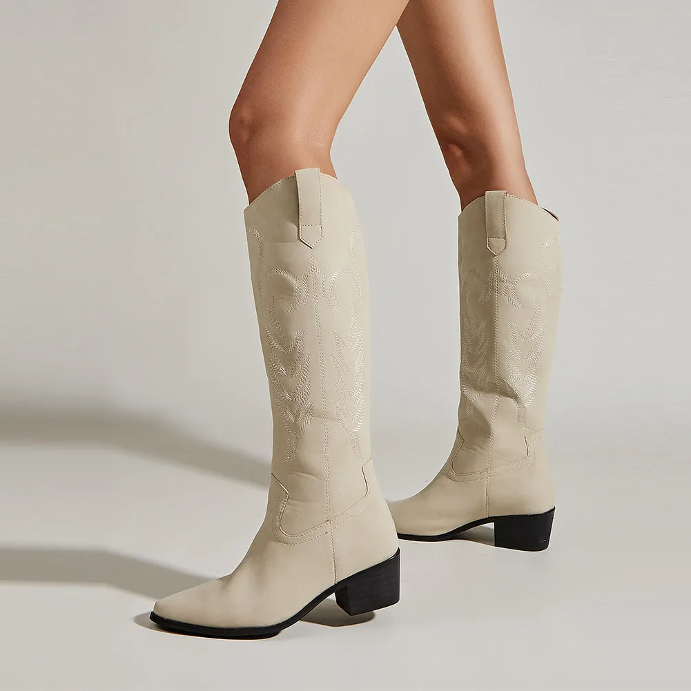 

Saralris, новинка 2022 года, брендовые зимние сапоги в западном стиле для женщин, на толстом каблуке, с острым носком, с вышивкой, лаконичный стиль, офисные женские длинные сапоги