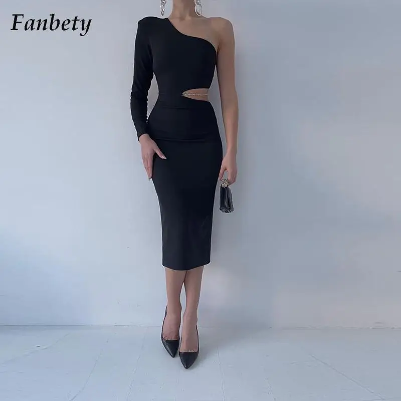 

Женское модное ажурное платье с цепочкой на талии, Осеннее сексуальное вечернее платье на одно плечо с открытой спиной, женское элегантное ...