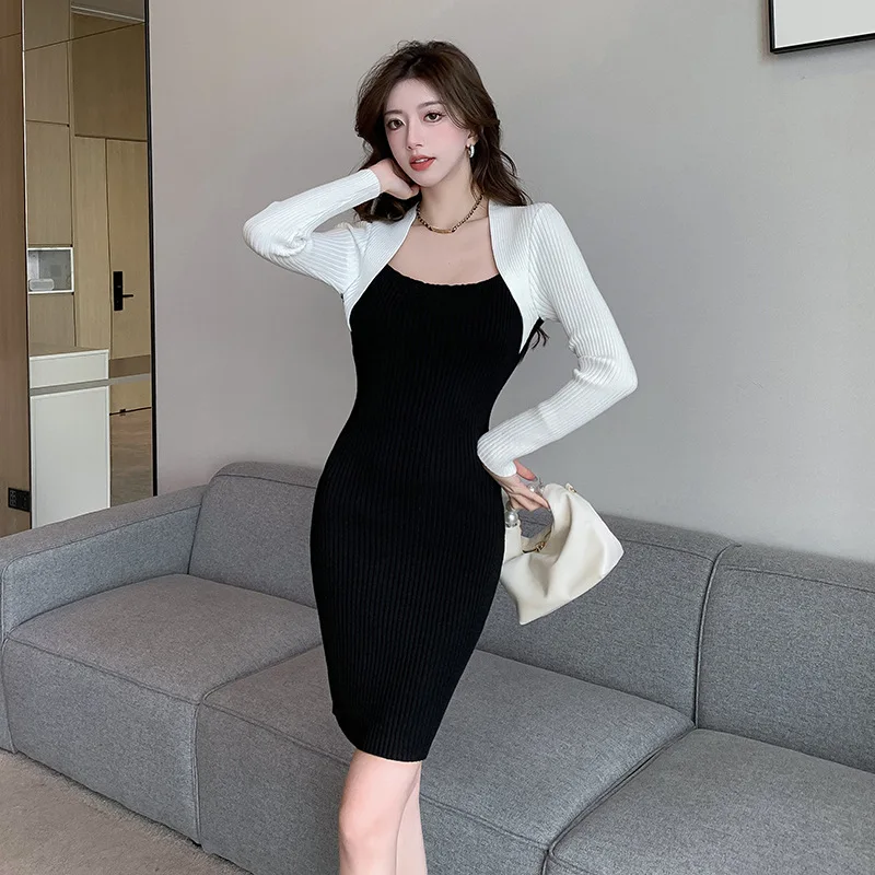 

TFETTERS Women Dresses 2023 Autumn French Retro Long Sleeve Bodycon Dress New Black White Contrast Knitted Sexy Dress for Women