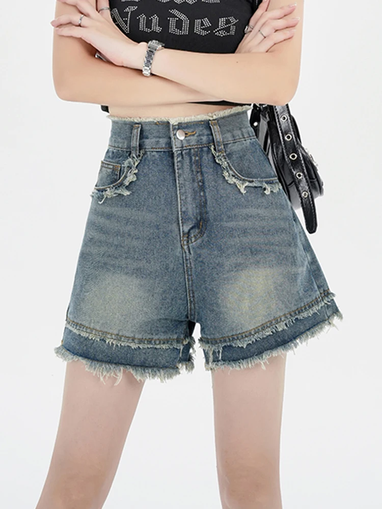 Streetwear Women Retro Raw Hem Loose Blue Denim Shorts Spring Summer Female High Waist Frayed Jeans Shorts Bottoms