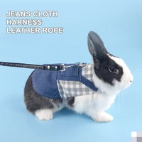 cute rabbit harness leash set bunny vest chest straps rope jeans plaid denim clothes guinea pig dwarf pet jumpsuit accessories