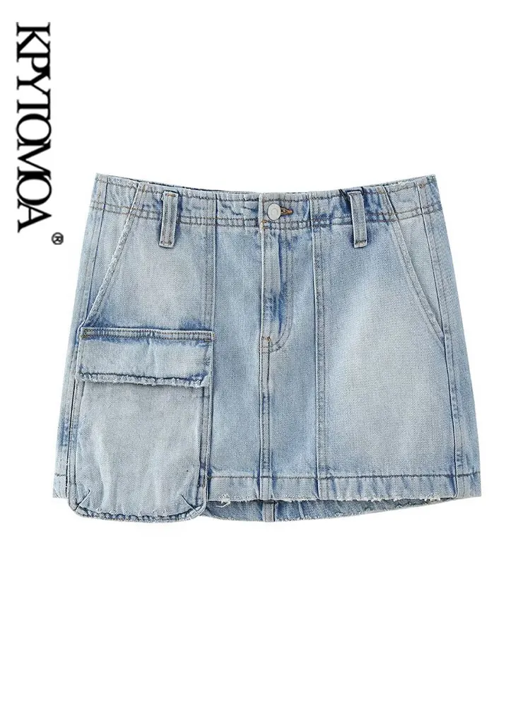 

KPYTOMOA Women Fashion Patch Pockets Denim Mini Skirt Vintage Mid Waist Zipper Fly Female Skirts Mujer