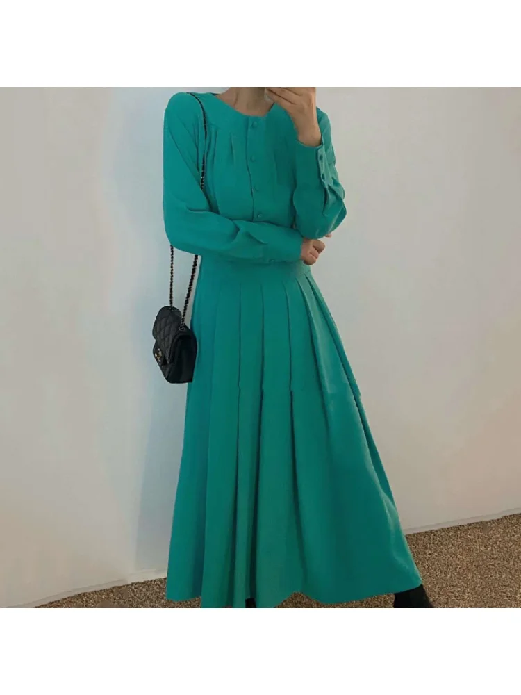 

Женское Плиссированное Платье-туника Mafancy, зеленое однобортное длинное платье во французском стиле с О-образным вырезом, Весенняя Элегантн...