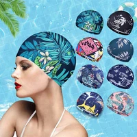 1 pc swimming cap flowers printed long hair cap sports swim pool bathing hat for men women elastic nylon turban sports accessory